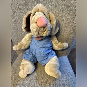 Wrinkles Gray Dog Hand Puppet 17" Plush Toy Vintage 1981 Ganz Blue outfit